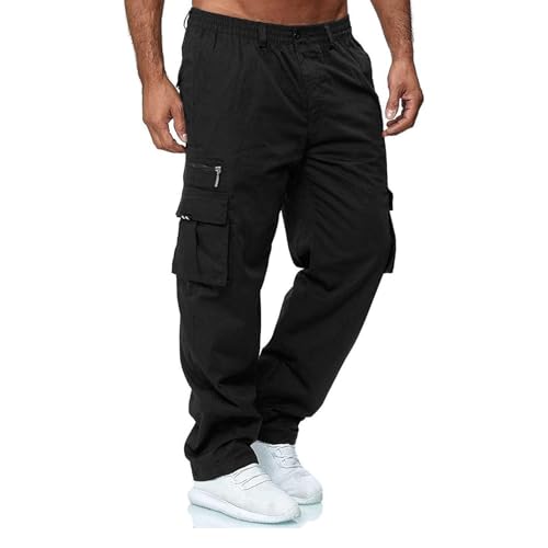 Hawyet Casual Cargo Pants for Men Solid Color Elastic Waist Multi Pockets Loose Fit Straight Leg Outdoor Work Pants2