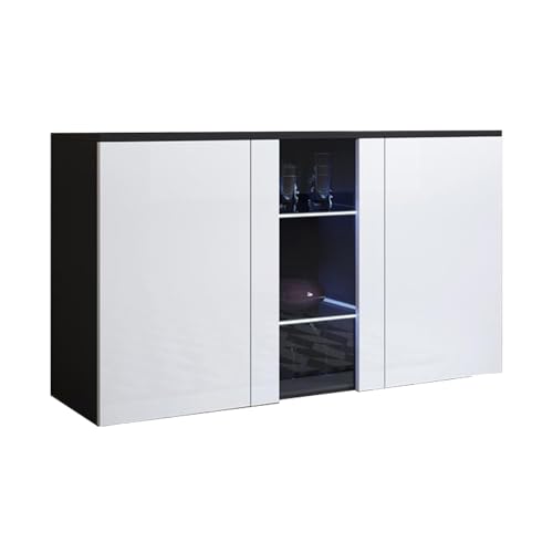MB Muebles Bonitos, Aparador Mueble TV Colgante Luke A1 para Salón o Comedor Moderno con Luz LED, Melamina Brillo, Color Negro y Blanco, 120 x 70 x 40 cm