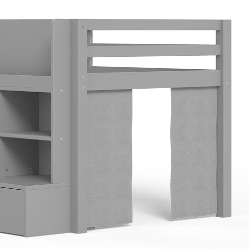Image of Twin XL Size Low Loft Bed for Kids with Storage Shelves, Play Curtain & Chalkboard,Space-Saving Design,No Box Spring Needed (Gray-TX)