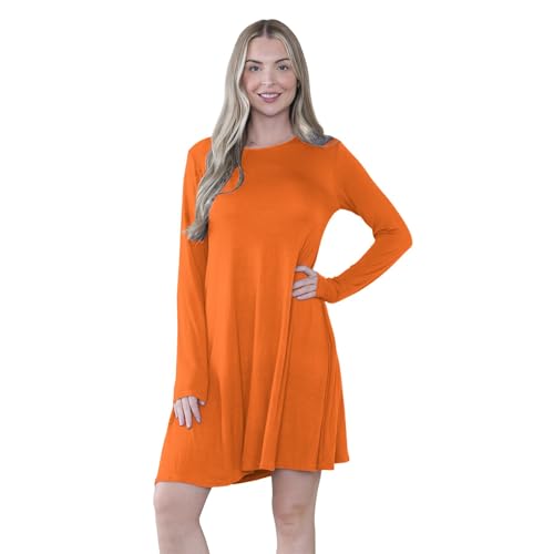 janisramone® Womens Mini Dress, Plain A Line Flared Skater Dress, Stretchy Summer Swing Mini Top, Casual Round Neck Long Sleeve Dresses for Women UK, Ladies Party Wear Orange