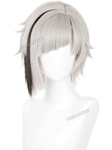 Image of Half and Half Atsushi Cosplay Wig Short Light Gray Blonde Anime Wigs for Men Platinum Blonde Wig with Bangs + Black Hairpiece for Halloween Party Daily Women Unisex