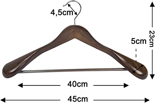 10 Stück Massivholz Kleiderbügel für Anzüge – Extra Breite Schultern, rutschfest, 360° Drehbarer Haken – Ideal für Hemden, Mäntel, Jacken, Hosen (Walnuss, Hochwertiges Holz)