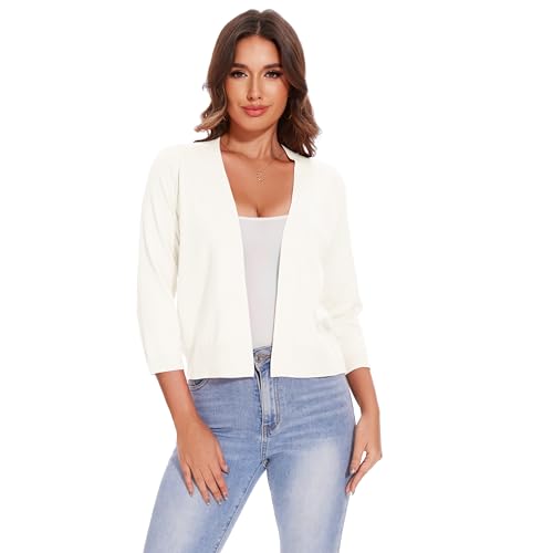 Women's 3/4 Sleeve Open Front Cropped Cardigan Solid Shrugs Lightweight Knit Sweater2