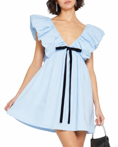Image of Women's Floral Bow V Neck Babydoll Mini Dress Flower Print Puffy Sleeve Boho Short Casual Loose Flowy Dresses