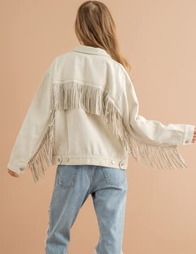 Women's Rhinestone Fringe Denim Jacket Long Sleeve Casual Tassel Jean Jacket Coat3