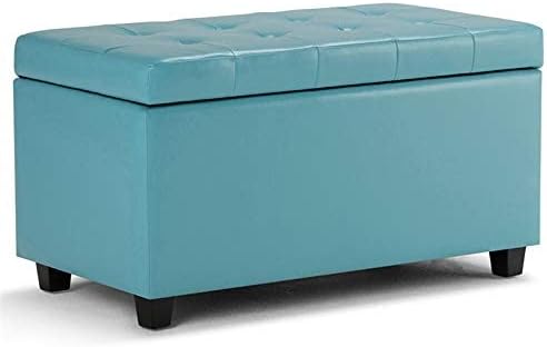 SIMPLIHOME Cosmopolitan 34 inch Wide Rectangle Lift Top Storage Ottoman in Upholstered Soft Blue Tufted Faux Leather, Footrest Stool, Coffee Table for the Living Room, Bedroom and Kids Room