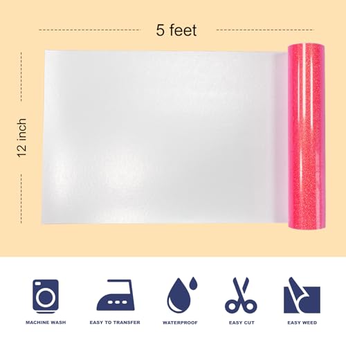 Image of Fluorescent Red Glitter Puff Vinyl Heat Transfer - 12 inch x 5ft 3D Puff HTV Vinyl, Glitter Puffy Iron-On for Fabrics, Perfect for T-Shirts, Bags, Pillows, Compatible with Cricut & Cameo