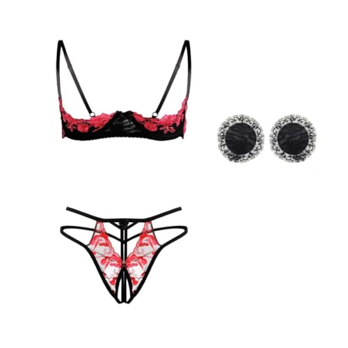KFLY Ensemble de lingerie en dentelle avec broderie florale 1/4 coupe avec armatures et string avec...