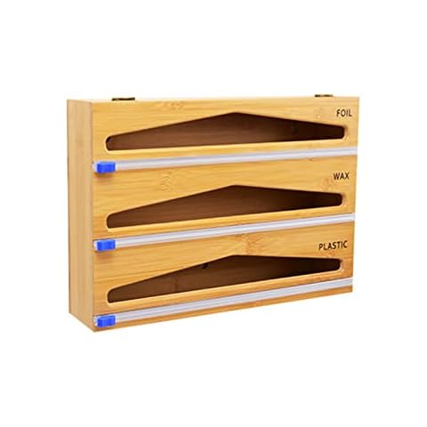 DRYEN 3 In 1 Bamboo Wrap Dispenser With Cutter And Labels,Aluminum Foil Dispenser Compatible With 12 Inch Roll,Foil Organizer For Drawer With Slide Cutter, Wood Cover