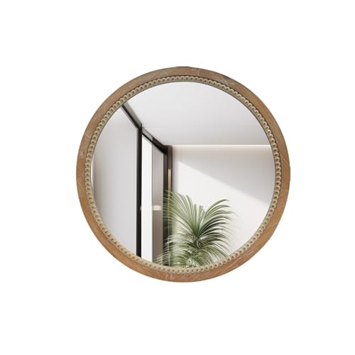 FRITHJILL Round Distressed Wood Wall Mirror 23.62 Inch, Farmhouse Vintage Beaded Circle Mirror for Bathroom Bedroom Entryway, Rustic Decorative Accent Mirror with Natural Wood Frame