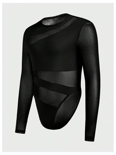 OYOANGLE Men's Long Sleeve Sheer Bodysuit Crew Neck Slim Fit Body Suits Party Clubwear3