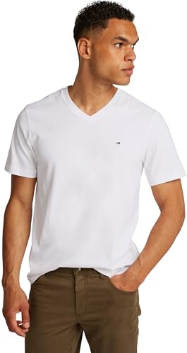 Tommy Hilfiger Camiseta de Manga Corta Hombre Essential tee con Cuello de Pico, Blanco (White), L