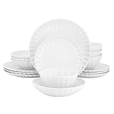 Elama Jane 16 Piece Scalloped Double Bowl Porcelain White Dinnerware Set, Serveware, Tableware, Bowls, Plate Set (Jane)