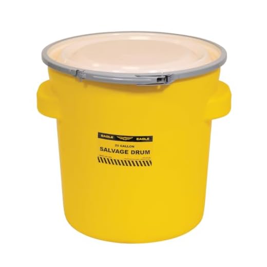 Eagle 20 Gallon Salvage Barrel Drum with Metal Ring Lever-Lock Lid, 21" Height, 21" Diameter, Blow-Molded HDPE, Yellow, 1654