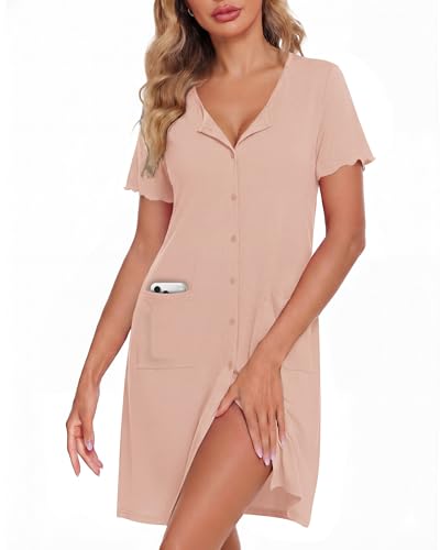 Image of ZOOSIXX Nightgowns for Women - Short Sleeve Sleepwear Button Up Pajamas for Women V-Neck Sleepwear Dress with Pockets