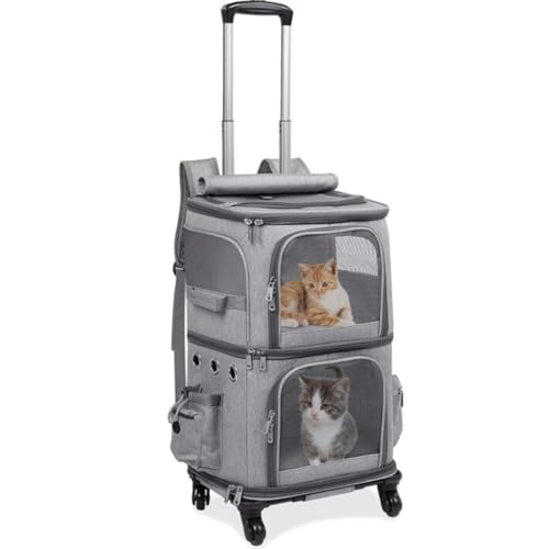 Momgla猫 キャリー 2匹 猫用ポータブル 小型 ペットキャリー 犬のキャリアバックパック 2段犬用キャリー ペット 猫用トロリー 大容量 通気性 輸送 災害避難 散歩/獸医への旅行に最適 グレ- (タイロッドの取り外し,グレー)