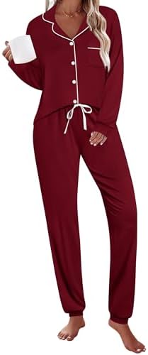 SWOMOG Pajamas Set for Womens Long Sleeve Sleepwear Button Down N...