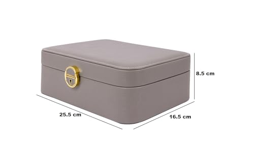 Image of BucketList Large PU Leather Jewellery Organizer Box with Necklace Hooks | Multi-Layer Jewelry Storage Case with Removable Tray & Secure Lock (PU Leather with Removable Tray (Grey))