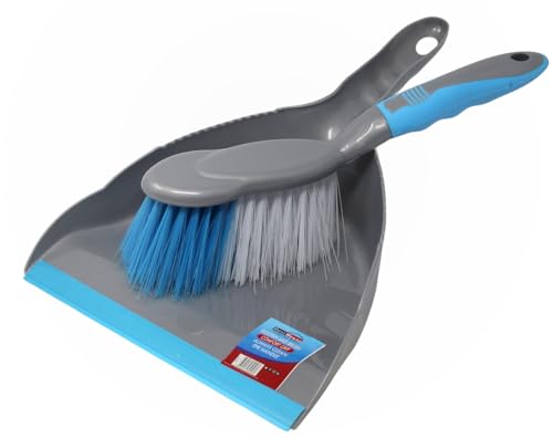 Best House | Dustpan and Brush Set | Plastic | Grey Blue | 1 Set | Soft Grip | Household Cleaning | Portable Ergonomic | TPR | Home and Office Use