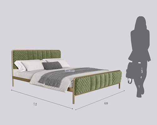 Image of Modern Upholstered Queen Size Bed for Bedroom | Metal Double Bed | Platform Cot Bed with Upholstery Premium Fabric | 6.5 x 5 Ft | Powder Coated Metal Bed | Green
