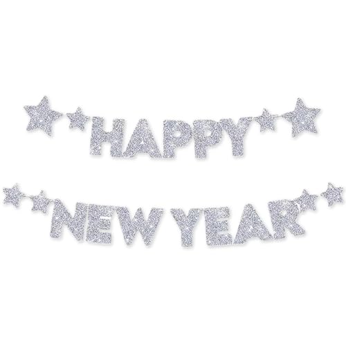Grinalda de Ano Novo feliz Ano Novo decoração 2026 prata, grinaldas com purpurina, festa de ano novo acessórios decoração, grinalda de purpurina de Eve Frohes Foil Banner para o Ano Novo