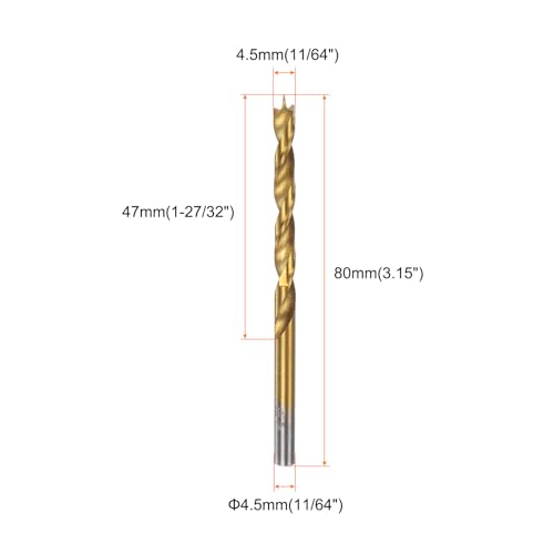 QUARKZMAN Brad Point Bohrer Set 4,5 mm Durchmesser Gerader Rund-Schaft Metrische Spiral Twist Golden Bohrer für Schreiner Holzbearbeitung Kunststoff Gummi