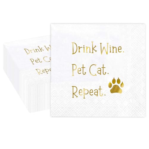 Drink Wine Pet Cat Repeat Napkins - 100 Pack Funny Disposable Cocktail Napkins for Cat Lovers, Wine Party, Birthday, Girls Night & Celebration