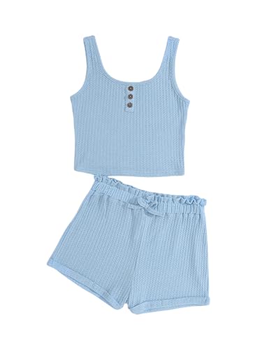 Image of RoseSeek Girl's 2 Piece Outfits Waffle Knit Scoop Neck Button Down Crop Tank Tops Paperbag Waist Track Shorts