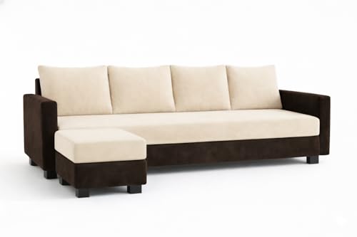 Image of SOCOZI Braven 5 Seater L Shape Sofa Set with Movable Ottoman | Flexible Layout | Soft Velvet Suede Fabric | Modern Design | Plush Comfort Cushions for Living Room (Dark Brown-Cream)