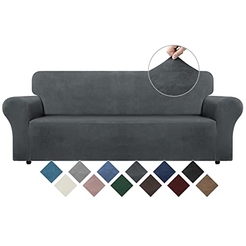 WEERRW Velvet Couch Cover for 3 Cushion Couch Covers – Stretch Sofa Slipcovers with Non Skid Foam and Elastic Bottom, Furniture Protector for Pets, Crafted from Soft Plush Fabric, Dark Grey, Large