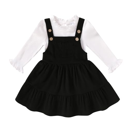 Happy Town Toddler Girl Clothes Long Sleeve Fall Outfits Ruffle Ribbed Floral Tops Overall Dress Set with Pocket