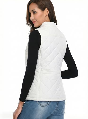 Fuinloth Women's Quilted Vest, Stand Collar Lightweight Zip Padded Gilet White S