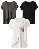 Rnxrbb V Neck Nursing Tops for Breastfeeding Tshirts Summer Postpartum Clothes Sets Short Sleeve 3 Pack Double Layer,Black&White&Flecking Grey XL