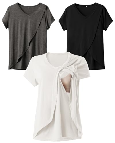 Image of Rnxrbb V Neck Nursing Tops for Breastfeeding Tshirts Summer Postpartum Clothes Sets Short Sleeve 3 Pack Double Layer