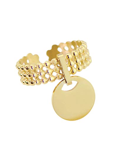 Bague breloque personnalisable monture perlée en acier inoxydable - Gravure réalisée en France (Acier doré 18K) Cover