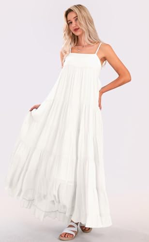 Image of loveimgs Women Summer Spaghetti Strap Smocked Maxi Dress Tiered Ruffle Sleeveless Long Flowy Dress Beach Sundress