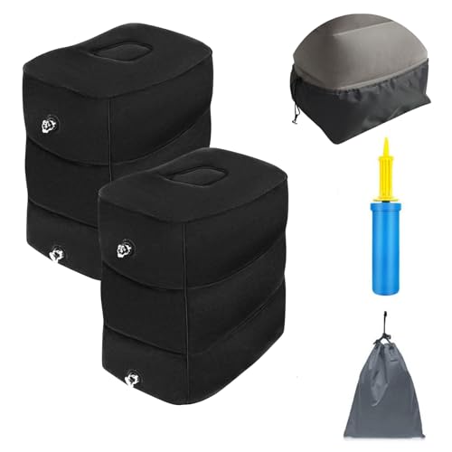 Image of Inflatable Travel Foot Rest Pillow - 3-Layer Adjustable Height Leg Rest for Airplane, Car, Office & Toddler Flight Seat Extender - Soft Flocked PVC, Portable with Pump & Dust Bag (Pack of 2, Black)