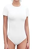 SHEIUGU Women's Crew Neck Short Sleeve Slim Fit T Shirts tops Basic Bodysuit Leotard Clothing (Short Sleeve White-Large)