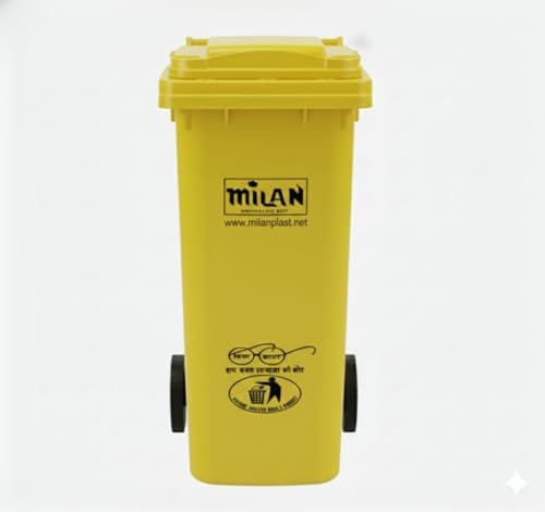Image of Milan Plastic Manual-Lift Garbage Waste Dustbin with Wheels 120 Ltr Yellow