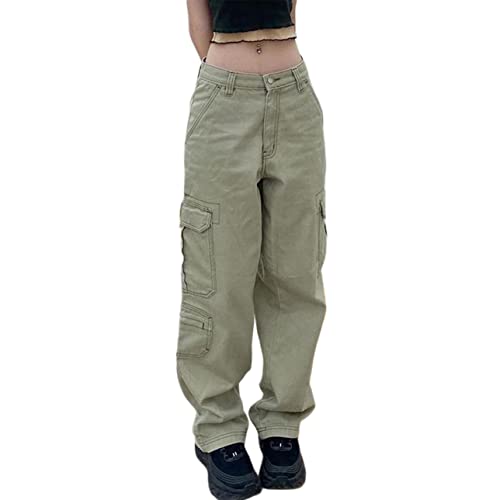 Jeans cargo de cintura media para mujer, Y2k, vintage, pierna recta ancha, para novio, pantalones cargo con bolsillos, Harajuku Streetwear, verde, S Cover