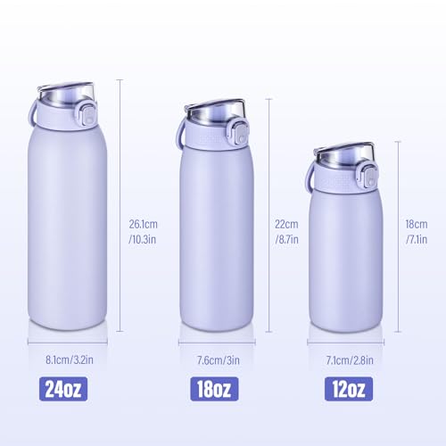 Image of Insulated Water Bottle 24 oz with Dustproof Lid, Carry Handle & Tea Infuser, BPA-Free & Leakproof, Stainless Steel Water Bottles Ideal for Fitness, Hiking, Office & Outdoor Use (Light Purple)