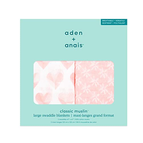 Image of aden + anais Swaddle Blanket, Boutique Muslin Blankets for Girls & Boys, Baby Receiving Swaddles, Ideal Newborn & Infant Swaddling Set, Perfect Shower Gifts, 2 Pack, Piece of My Heart