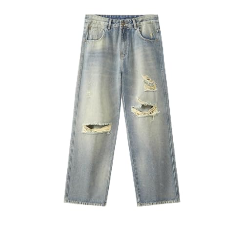 Jeans Pants Trousers Denim Autumn High Street Washed Blue Pierced Men's Classic