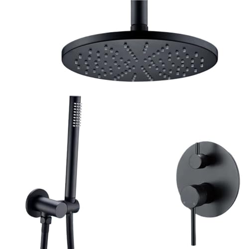 Black Shower System Set Bathroom Faucet Mixer Diverter Tap Brass Ceiling Or Wall Arm Handheld Spray With 8-16" Rian Head(Black)