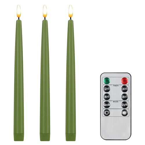 Image of CVHOMEDECO. Flameless Taper Candles with 10-Key Remote, Battery Operated Led Flickering 3D Wick Window Candles Real Wax Finished Home Christmas Party Decor 0.78 x 11 Inch, Pack of 3, Sage Green