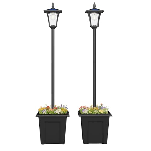 Outsunny 63' Solar Lamp Post Lights 2 Pack, Waterproof LED Solar Light Posts with Planter, Outdoor Lamps for Patio, Backyard, Pathway, Garden, Lawn, Black