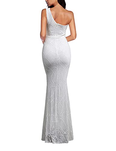 Image of Women One Shoulder 1920s Plus Size Formal Dress Tassels Sleeve Sequins Gatsby Maxi Evening Gown