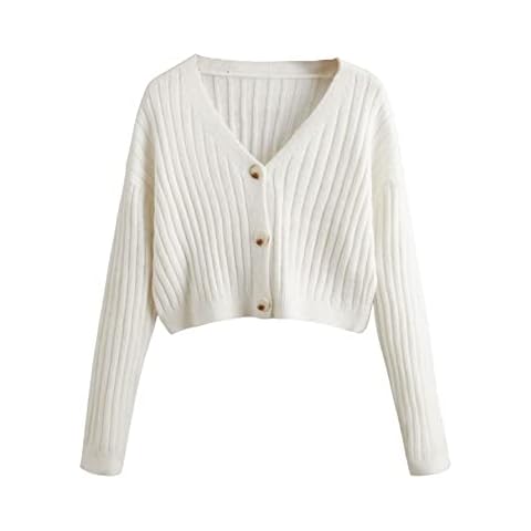 SweatyRocks Women's Long Sleeve Button Front V Neck Soft Knit Cardigan Sweaters Solid White S Cover