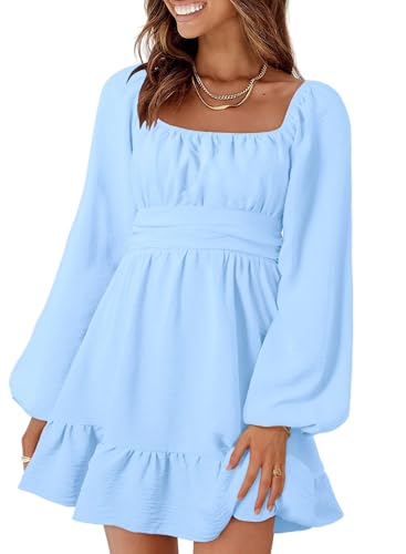 Dokotoo Women's Fall Dresses Square Neck Tie Back Off The Shoulder Dress Lantern Long Sleeve Blue Dresses Ruffle A-Line Flowy Dress Elastic Waist Casual Party Beach Outifits Medium