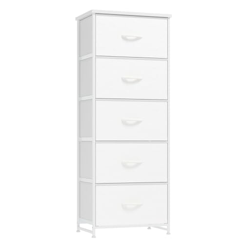 Nicehill Chest of Drawers for Bedroom 5-Drawer Tall Dresser with Wood Top and Sturdy Steel Frame Fabric Storage Drawers for Closet Hallway & Living Room White Leather